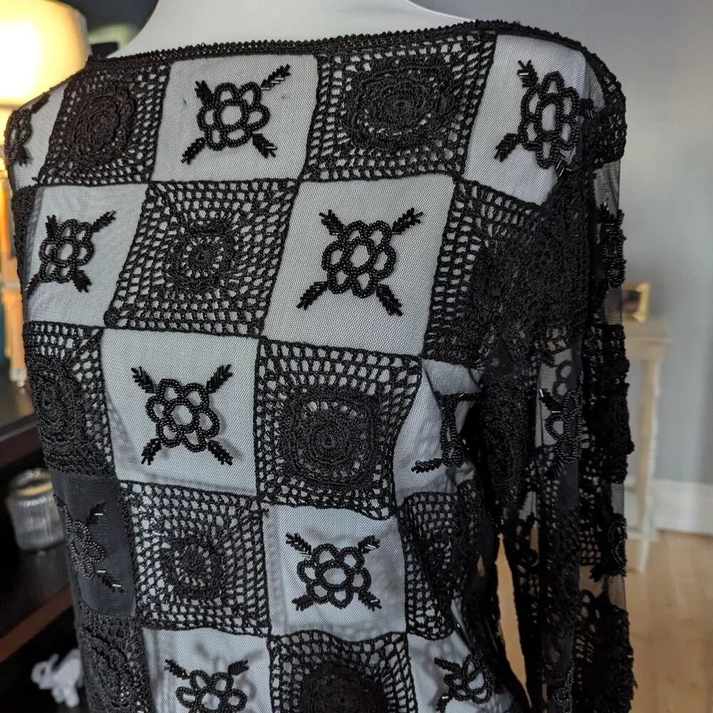 Crochet And Beaded Black Mesh Checkerboard Top Whimsigoth Y2K Small